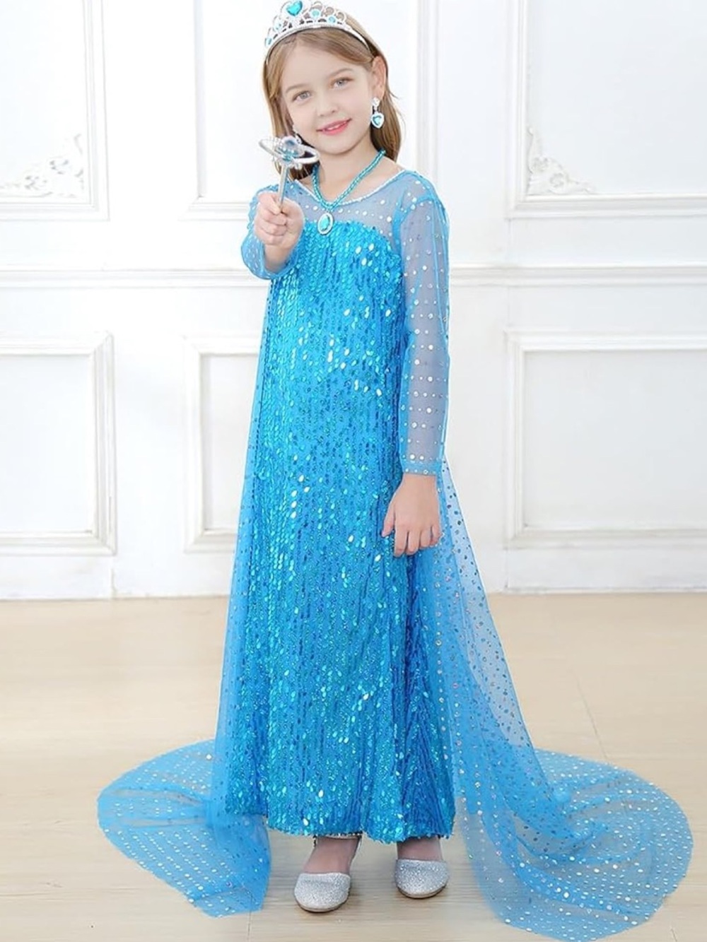 Girls Elsa Inspired Blue Sequin Dress with Cape – Size 130 (5–6Y)